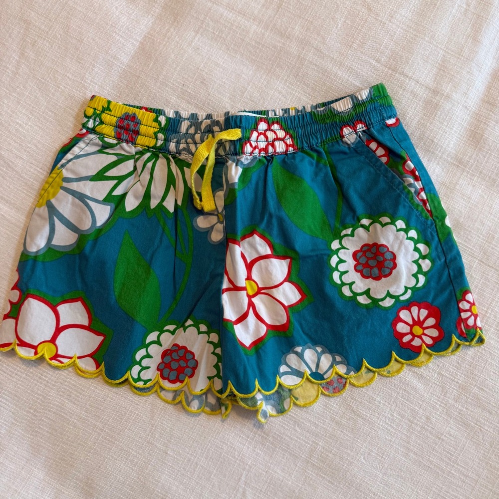 Mini Boden Girls Teal Blue Oversized Floral Scallop Hem Shorts Size 8Y 128cm